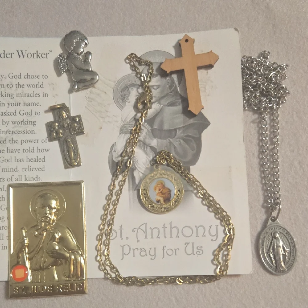 Vintage Goldtone and Silver Religious Pendant Necklace, 2 Crosses Angel 3 Medals